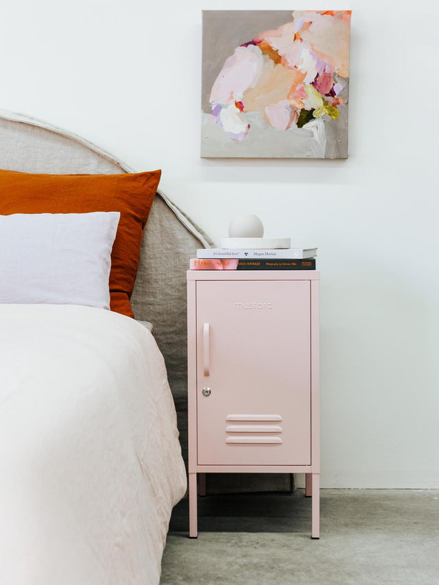 METAL BEDSIDE TABLE THE SHORTY IN PINK WITH LEFT OR RIGHT HINGE