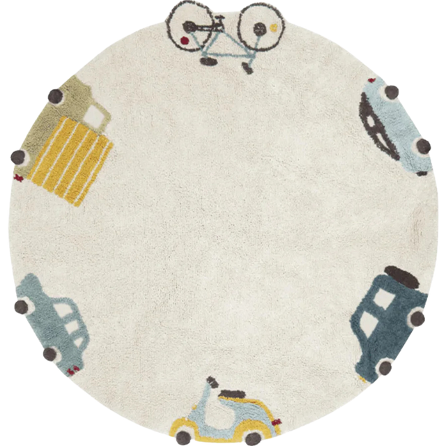HAND-TUFTED ROUND KID'S RUG WHEELS WITH HIGH - LOW EFFECT