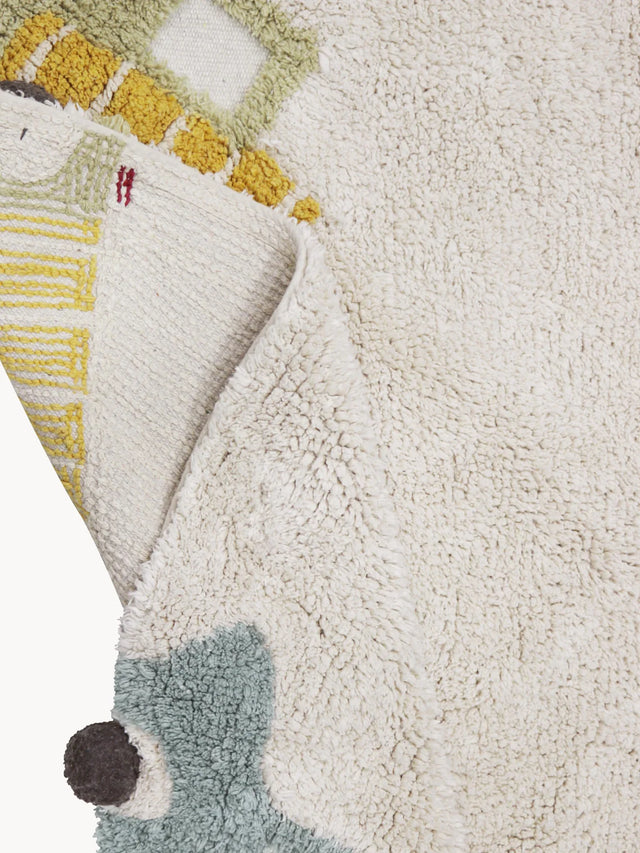 HAND-TUFTED ROUND KID'S RUG WHEELS WITH HIGH - LOW EFFECT