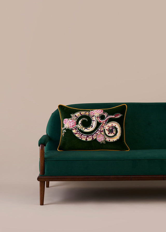ALPAQ STUDIO. SNAKE & FLOWERS VELVET RECTANGULAR CUSHION