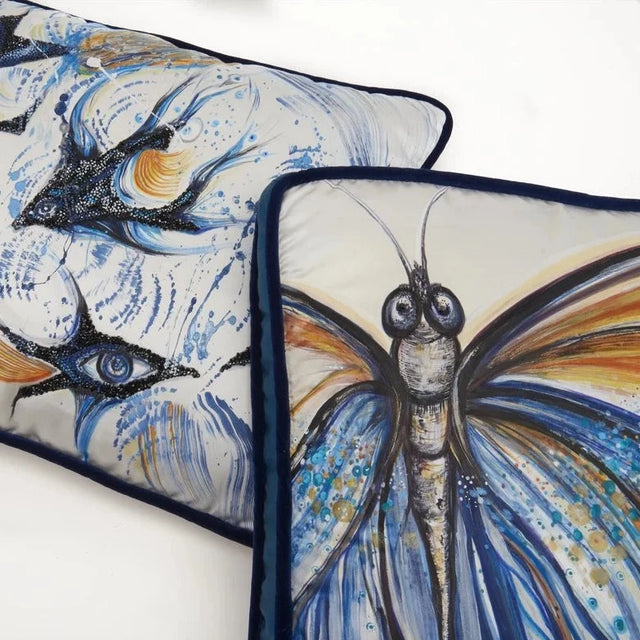 ALPAQ STUDIO. BUTTERFLY SILK CUSHION IN WHITE & BLUE