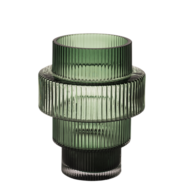 GLASS BARREL CANDLE HOLDER IN GREEN