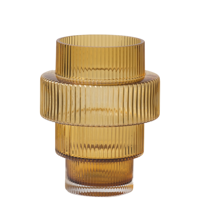 GLASS BARREL CANDLE HOLDER IN AMBER