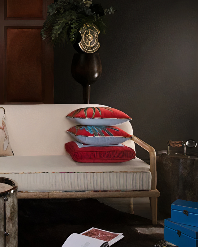 ALPAQ STUDIO. PEACOCK VELVET CUSHION IN RED