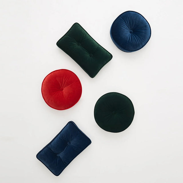 ALPAQ STUDIO. LUXURIOUS ROUND VELVET CUSHION IN OCEAN BLUE