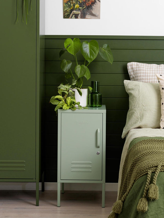 METAL BEDSIDE TABLE THE SHORTY IN OLIVE WITH LEFT OR RIGHT HINGE