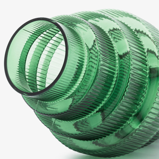 GLASS BARREL VASE IN GREEN