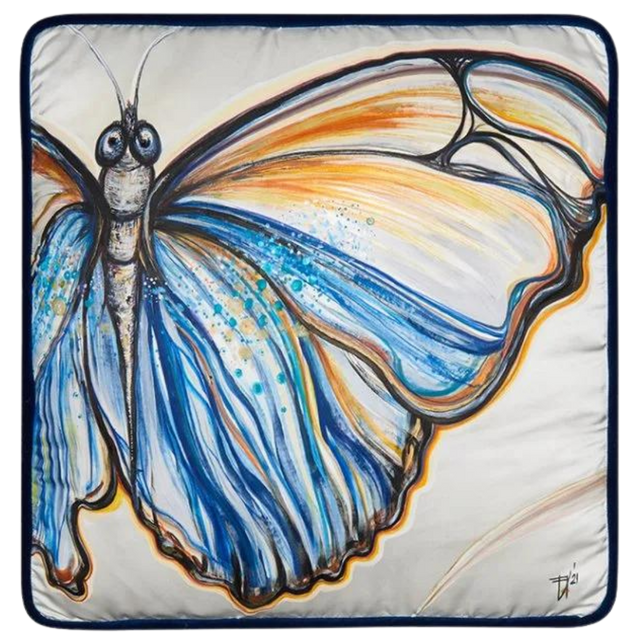 ALPAQ STUDIO. BUTTERFLY SILK CUSHION IN WHITE & BLUE