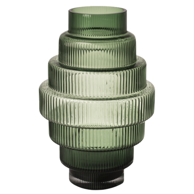 GLASS BARREL VASE IN GREEN